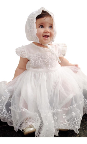 Imagem 1 de 8 de Vestido Branco P/ Bebês Com Touca P/ Batizados Ou Reveillon
