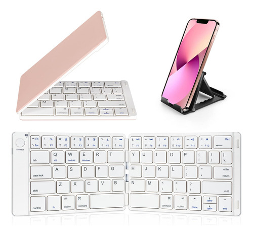 Teclado Bluetooth Plegable Portatil, Color Blanco Y Rosa