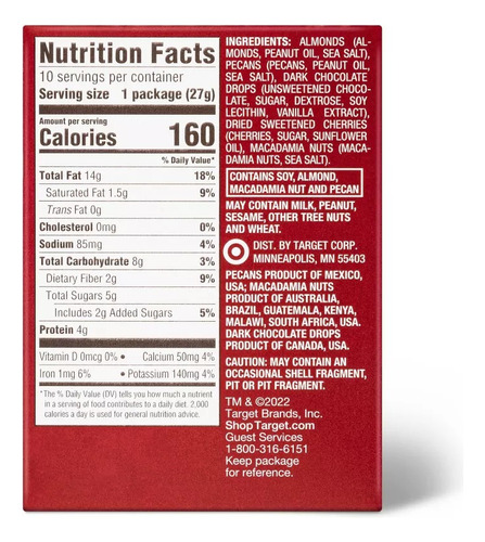 10-pk Bolsitas Botana Nueces, Almendras, Choco, Cerezas 27g