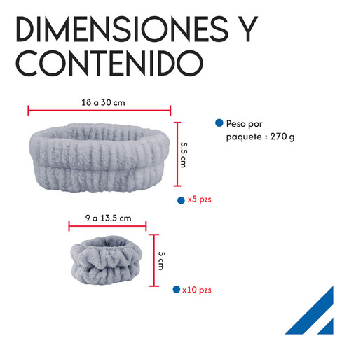 Diler Kit 5 Piezas Diadema Y Muñequeras Para Skincare Maquillaje Mascarilla Spa De Microfibra Liso Color Gris