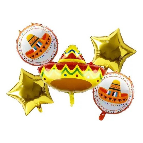 Set 5 Globos Sombrero Mexicano Metalizados Decoración