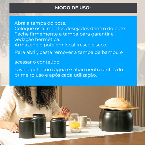 Pote De Açucar Sense Sugar Preto Fosco Com Tampa De Bambu