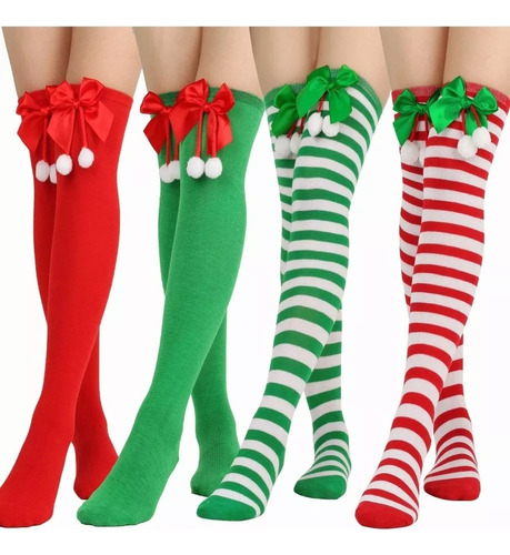 4 Pares De Calcetas Navideñas De Medias Largas Para Mujers