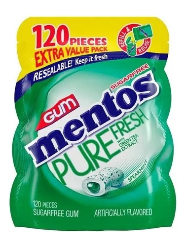 Mentos Pure Fresh Spearmint Sin Azucar Gum 120 Count 