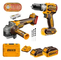 Comprar Kit Ingco Atornillador Percutor + Amoladora 20v + Accesorios Color Amarillo Frecuencia 50 60hz