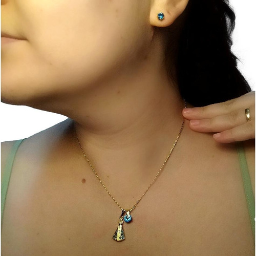 Imagem 5 de 6 de Conjunto Colar E Brinco Pedra Azul Nossa Senhora + Brinde