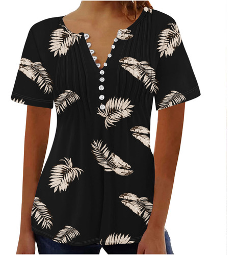 Top Cómodo De Manga Corta Con Botones Y Cuello Estampado Par