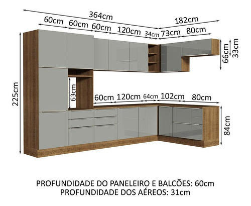 Armário De Cozinha Completa De Canto 546cm Rc Lux Madesa 05 Cor Rustic/Cinza