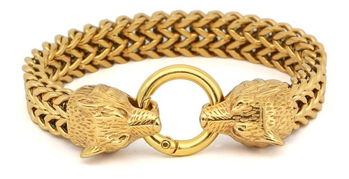 Pulsera Brazalete Vikingo Nordic Lobo Acero Color Oro Hombre