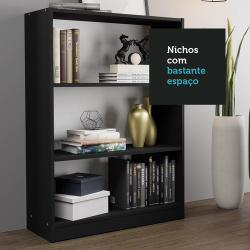 Estante Livros Home Sala Madesa 6907 Com 3 Nichos - Preto