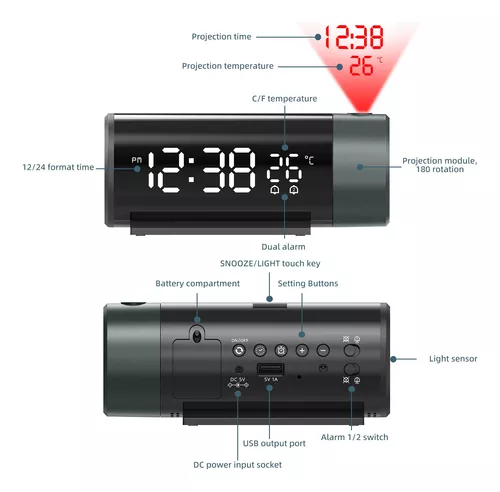 Reloj despertador de proyección, reloj digital con proyector giratorio de  180°, atenuador de brillo de 3 niveles, pantalla LED transparente, cargador