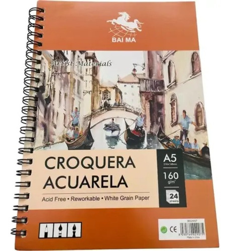 Cuaderno Dibujo Croquera Acuarela A5 160g 24 Hojas