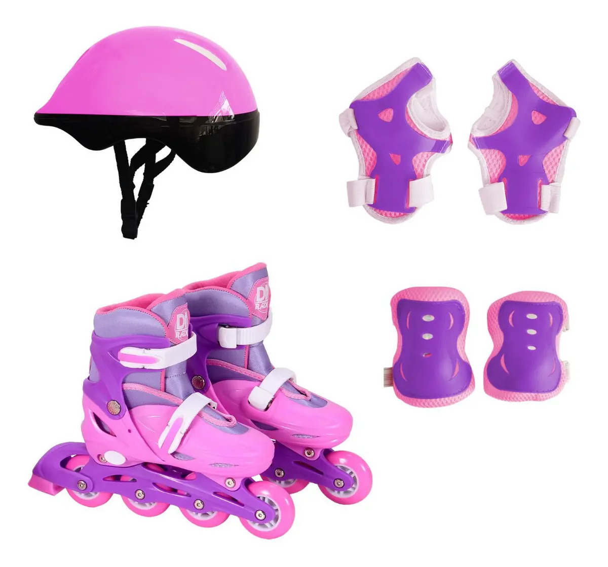 Patins Inline Ajustáveis Rosa Tamanho P (30-33) DM Toys com Acessórios