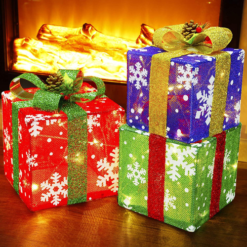 Set Navideño De 3 Cajas De Regalo Iluminadas A La Moda, Deco