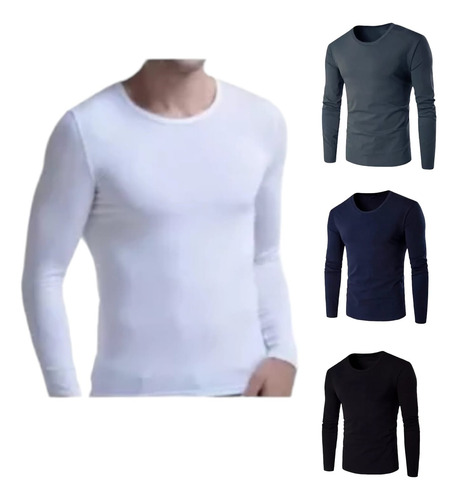 Pack 3 Camisetas Algodón Cuello Redondo Manga Larga Hombre