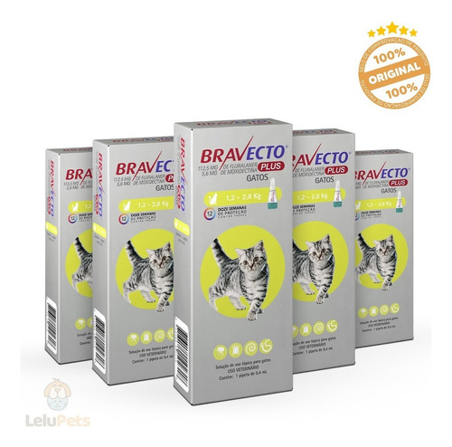 Kit Com 5 Antipulgas Bravecto Plus Gatos De 1,2 A 2,8kg 