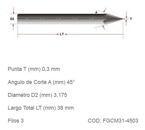 Fresas Cnc Grabado Conicas No Ferrosas 0,3mm. 45°
