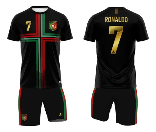 Kit Uniforme Cristiano Ronaldo Portugal Preto Camisa Shorts Taman...