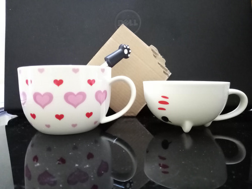 N Taza Doble Y Cuchara Gato Gatito Corazones Kawaii Regalos