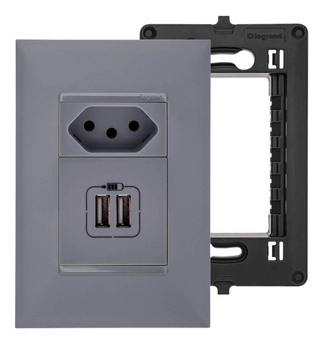 Tomada Usb Pial Plus+ Legrand Dupla Com Tomada 10a Cinza 4x2 Cor Preto