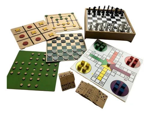 Zaramela Brinquedos Jogo de Tabuleiro 7 em 1 Madeira e Plástico Xadrez Ludo Dama Dominó