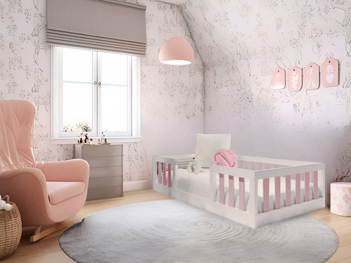 Mini Cama Montessoriana Infantil Com Grade Criança Bonatto Cor Rosa/madeirado Liso