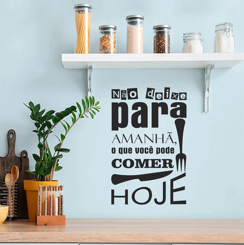 Adesivo Frase Parede Cozinha Talher Comer Hoje 70cm X 45cm Cor Preto Fosco