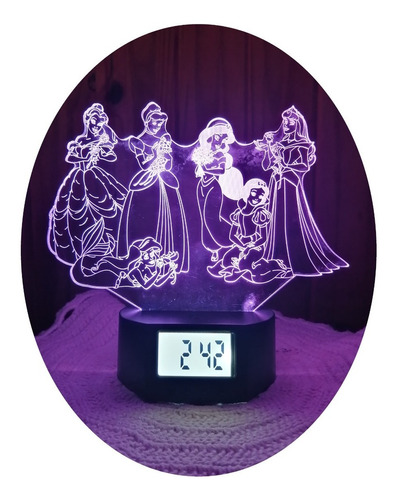 Lámpara Led Ilusión 3d Reloj Alarma Princesas De Disney