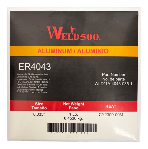 Soldadura Weld500 Microalambre Aluminio Tipo Er4043 .035 1lb