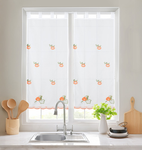 Cortinas Cocina Frutas Bordado Semitransp 2pzs Lino Algodón Calabaza