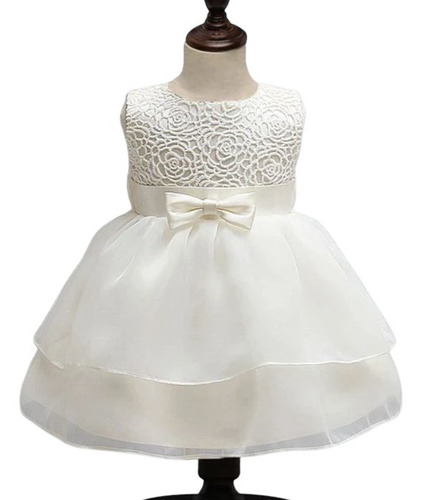 Imagem 1 de 6 de Vestido Bebê Batizado Batismo Off-white Bordado Flor E Laço