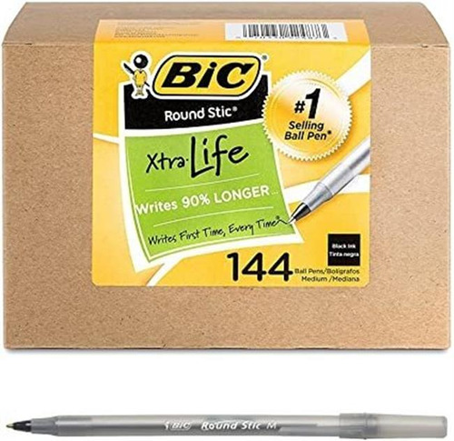 Bic Round Stic Plumas De Bola, 144 Recuento, Media, Tinta Ne