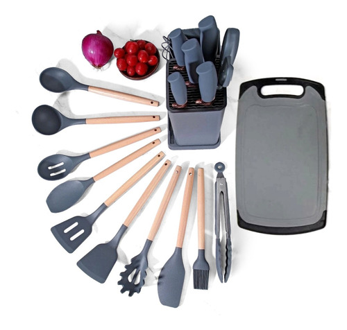 Kit Utensílios Silicone Cozinha Facas Tabua De Cortar 19 Pçs