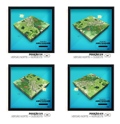Amsterdam (holanda) - Mapa 3d Infograf - 4 Quadros 10x10cm