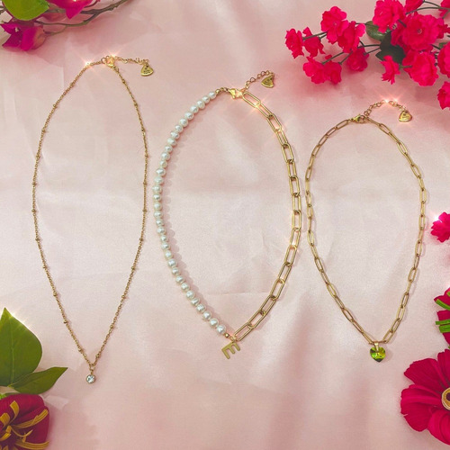 Layers 3 Collares Personalizados Inicial Mes Perlas + Aretes
