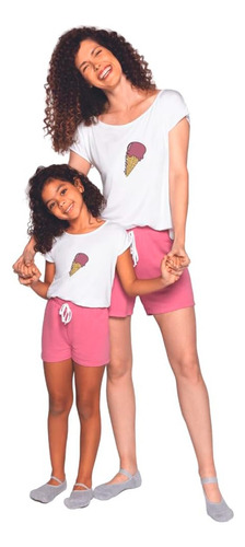 Pijama Feminino Lupo Short Doll Sorvete Branco Verão Malha 