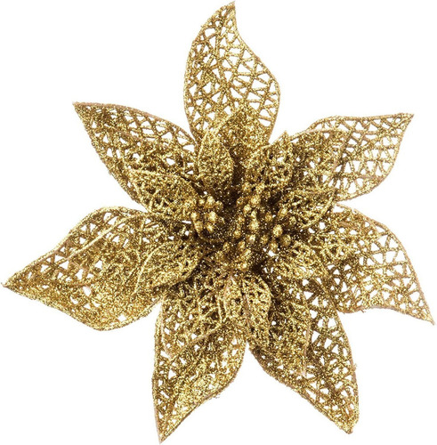 10 Flores Artficiales P/ Navidad  Glitter De 20 Cm- Dorado 