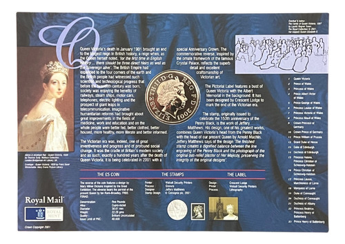 Moeda Oficial 2001 £5 Rainha Victoria Lacrada No Encarte