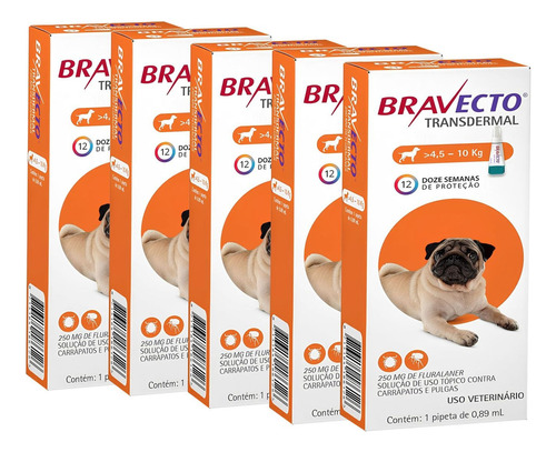 Kit 5 Antipulgas E Carrapatos Bravecto Msd De 4,5 A 10 Kg Cor Laranja