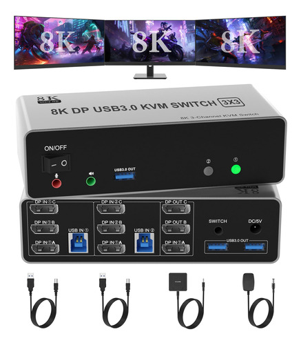 Conmutador Kvm De 8k A 60hz, 3 Monitores 2 Computadoras 4k A