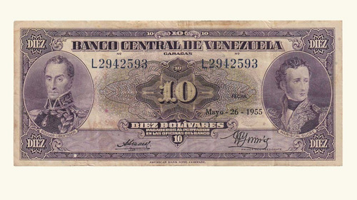 Venezuela, 10 Bolívares, Mayo-26-1955, Serie L7, Vf