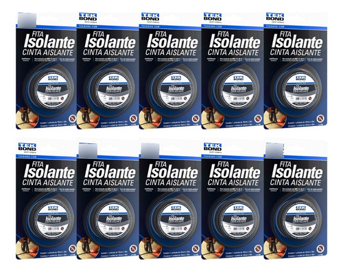 Kit 10 Fita Isolante 10m Tekbond Preto Uso Geral Anti Chamas