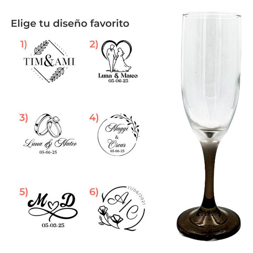 Copa Brindis Base Negra Personalizada Boda 6pz