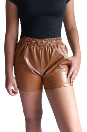 Short Cuerina Mujer Suelto Tiro Alto Con Bolsillo Delanteros