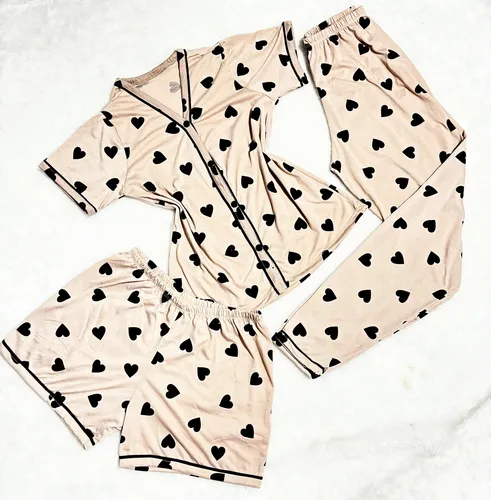 Kit Pijama Americano 3 Peças Camisa Botões  + Calça + Short