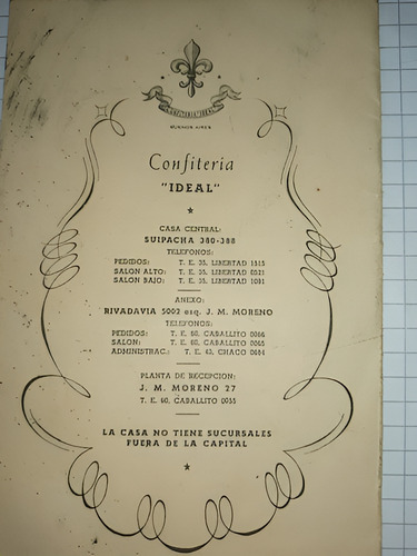 Antigua Tarjeta De Enlace Con Menú De La Confitería Ideal. (Usado)