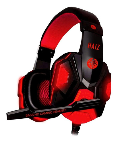 Imagem 1 de 4 de Fone de ouvido over-ear gamer Haiz Deneb preto e vermelho com luz  vermelho LED