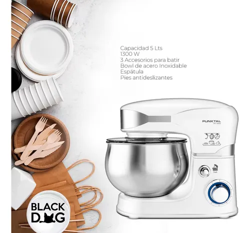 Batidora Punktal Blanca Pk-9370 5lts 1300 W Bowl De Acero Inoxidable 3 Accesorios Para Batir Espátula Pies Antideslizantes Bde