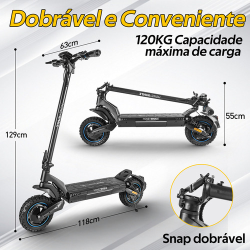 Honey whale T5 Doble 750w*2 Patinete Elétrico Scooter 60km/h Cor Preto
