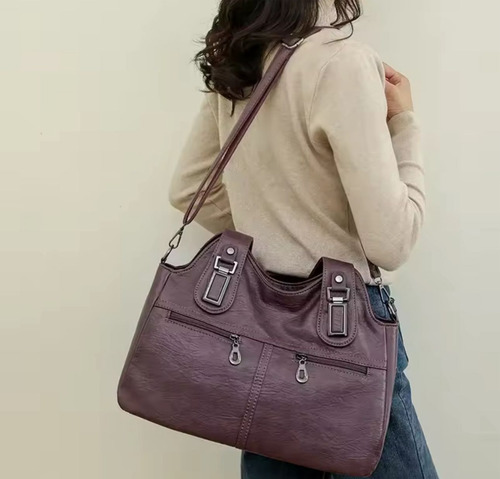 Cartera Bolso De Mujer Grande Estilo Básico De Eco Cuero Violeta Liso Cromado Violeta